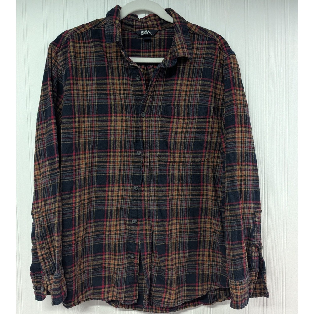 Mens Eddie Bauer Navy Red Plaid Flannel Shirt Large Excellent Long Sleeve Button